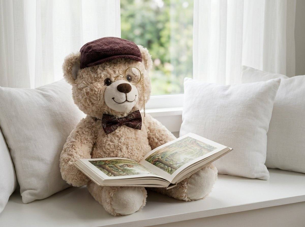 Mr de Beer as a plush teddy bear in his flat cap, monocle and bow tie, sitting on a white window seat with a picture book open on his lap