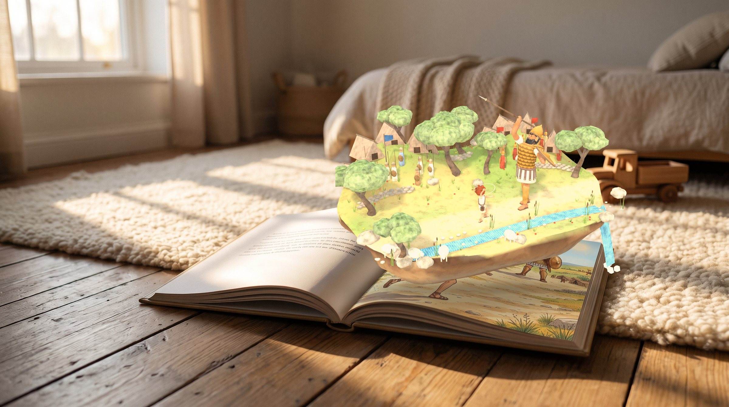 A printed picture book on a bedroom floor at golden hour. Over the page, a small 3D island: David swings his sling at the giant Goliath, with tents and soldiers behind them.