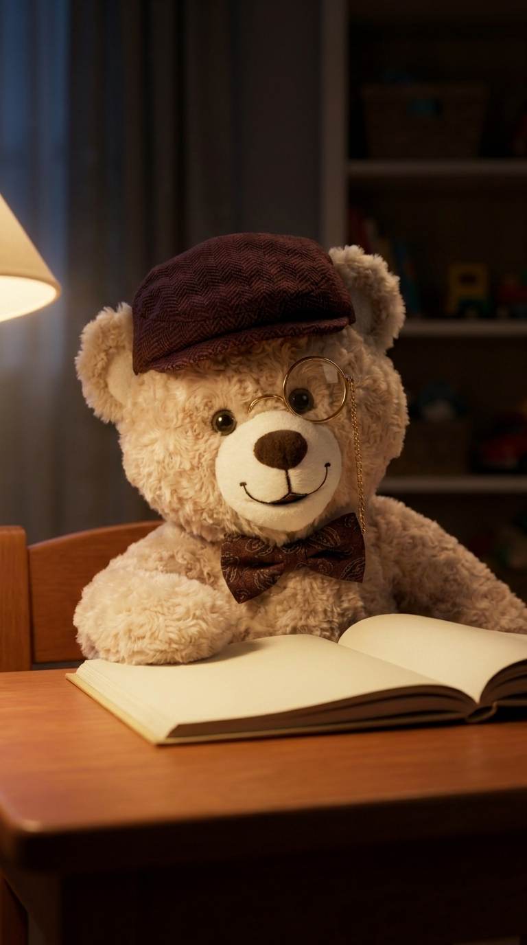 Mr de Beer, a cream teddy bear in a flat cap and monocle, at a desk at night with an open book under a lamp