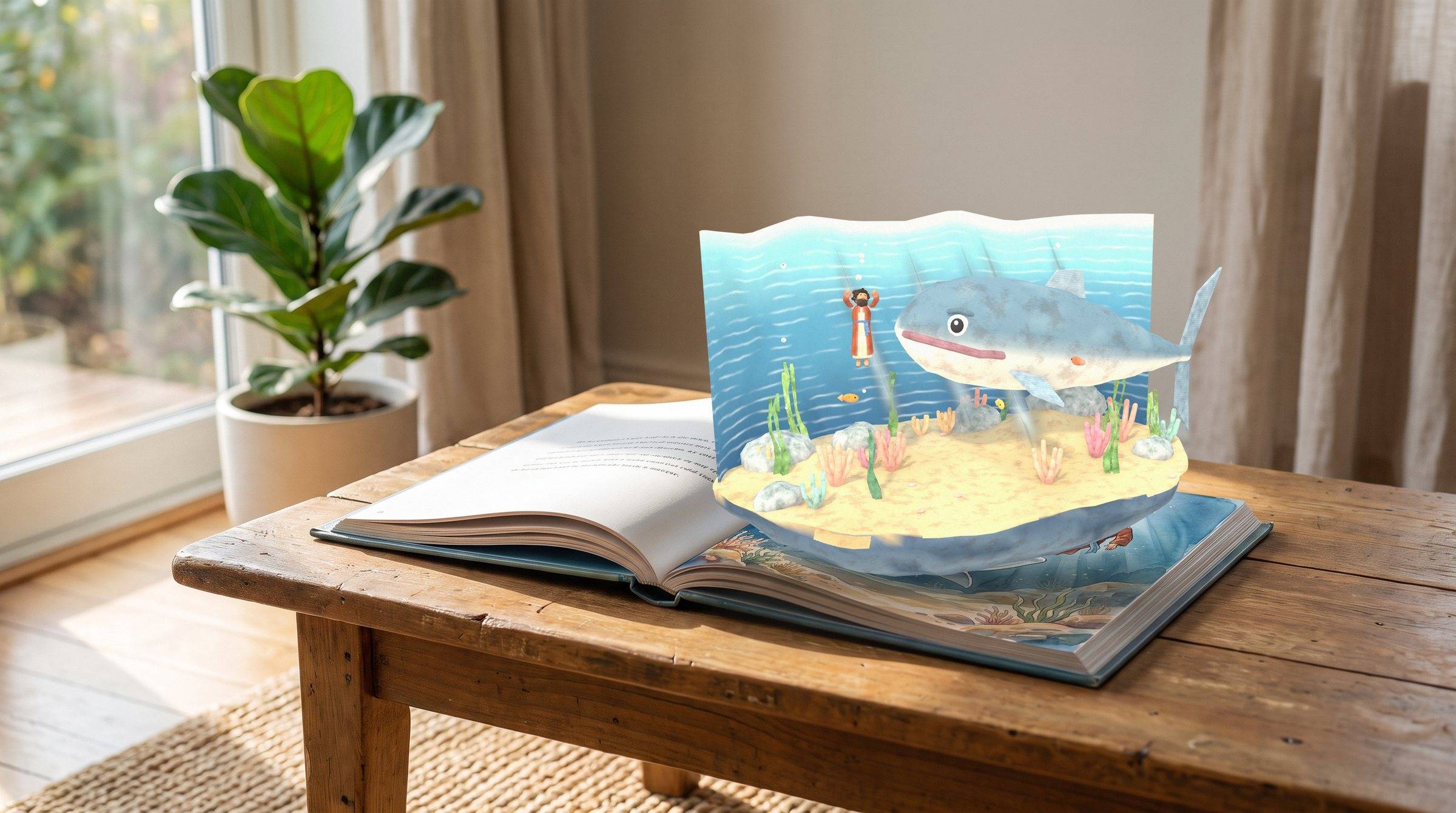 An open printed picture book on a wooden table in a sunny room. Over the painted page of Jonah and the great fish, the same scene stands up in 3D: a little island with the fish and Jonah, seen through a phone.