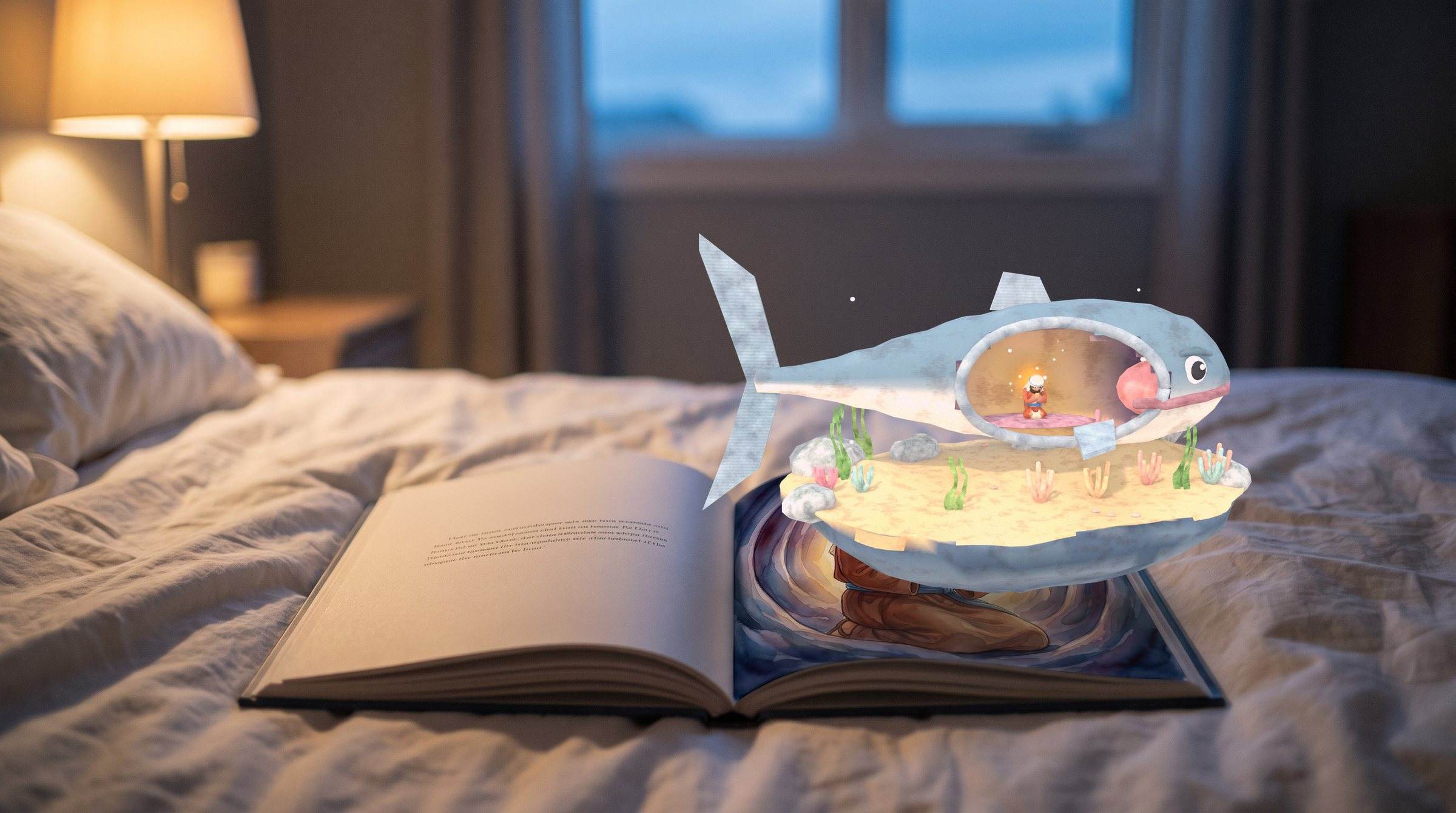 An open picture book on a bed at dusk, lit by a bedside lamp. Over the page, a 3D great fish with a window in its side, and Jonah praying inside.