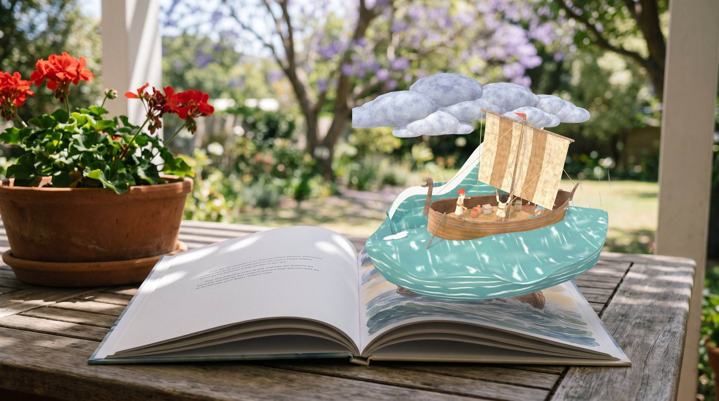 An open picture book on a garden table with red geraniums. Over the page, a small 3D ship rides a big wave under grey storm clouds.