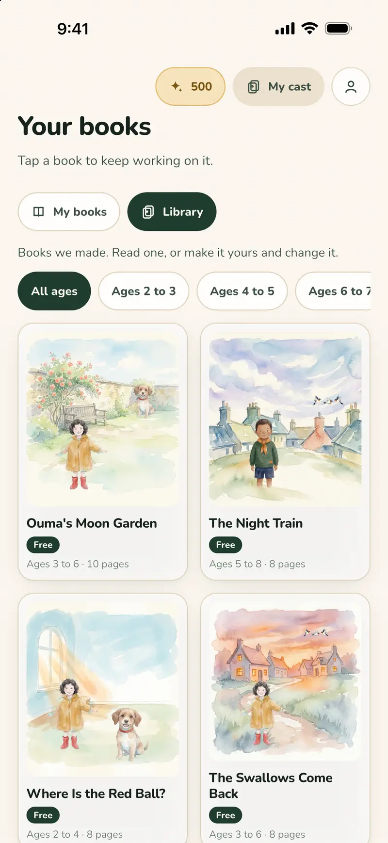 The library: four free books with painted covers, each marked free with its ages and page count, above buttons to filter by age
