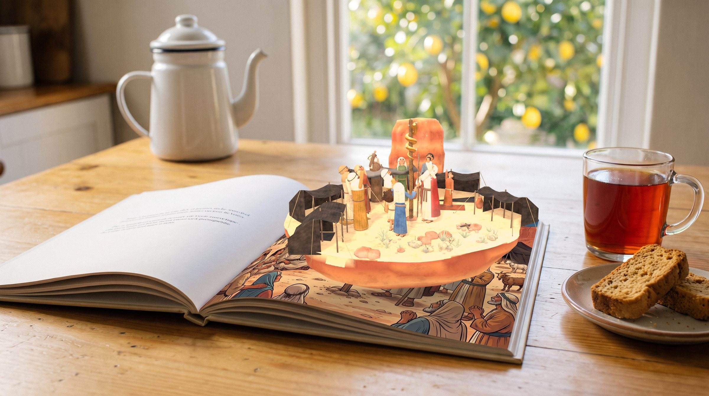 An open picture book on a kitchen table beside a mug of rooibos and rusks. Over the page, a small 3D desert camp with the bronze snake raised on a pole.