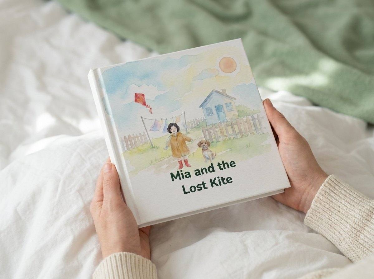 Two hands holding a square hardcover picture book over a white bed. The cover is a painted house with a washing line, a girl in a yellow raincoat, her dog and a kite, under the title Mia and the Lost Kite.