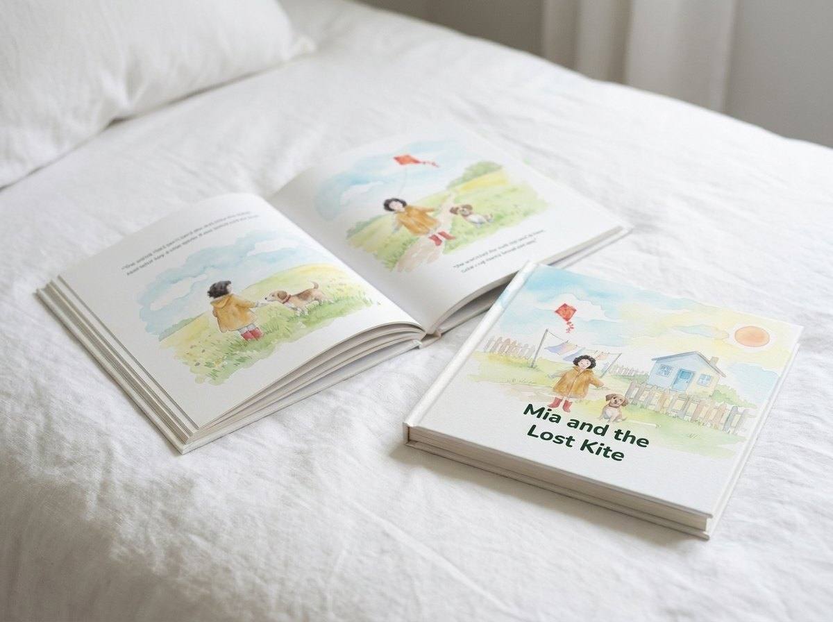 The same book lying open on a white bed beside a second copy, showing a painted spread of the girl and her dog.
