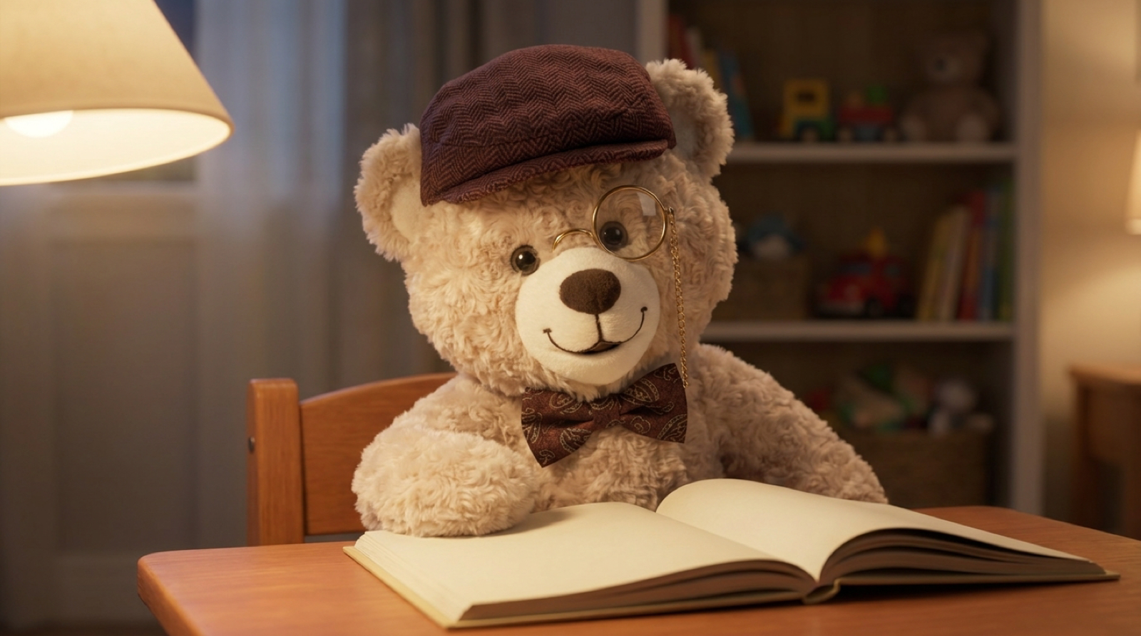 Mr de Beer, a cream teddy bear in a flat cap and monocle, holding an open picture book